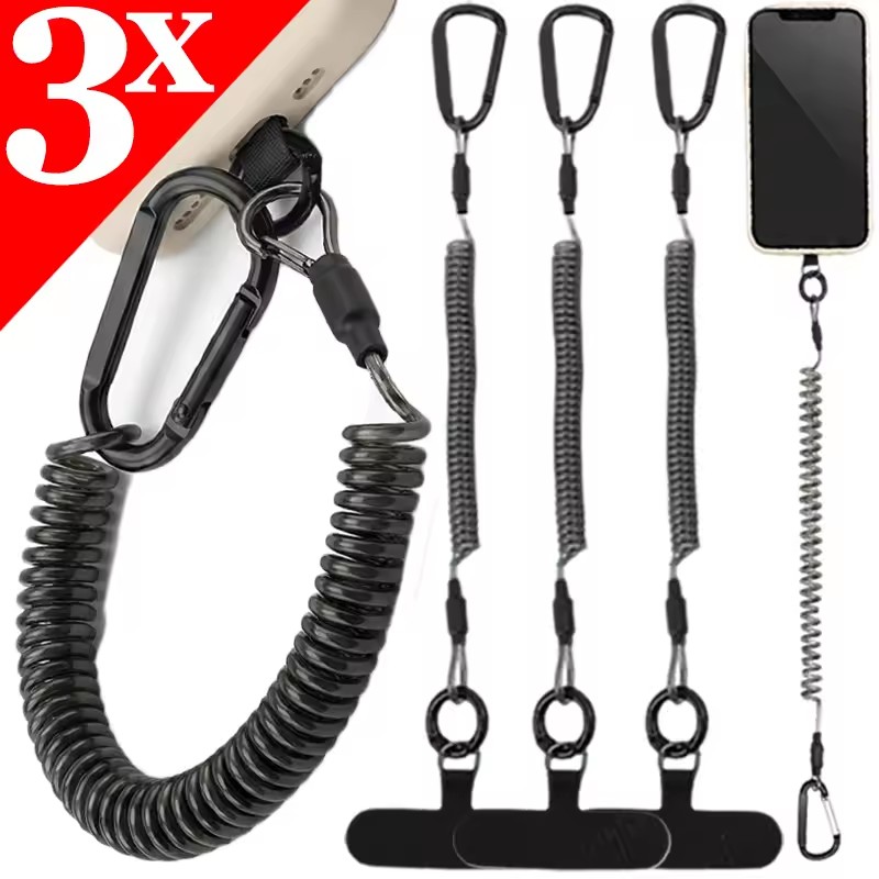Carabiner Keychain - สายคล้องโทรศัพท์แบบยืดหยุ่นป้องกันการสูญหาย พร้อมสายสปริงแบบมีแผ่นปะ ป้องกันการโจรกรรม สายรัดข้อมือแบบยืดหดได้ พร้อมพวงกุญแจแบบคาราไบเนอร์