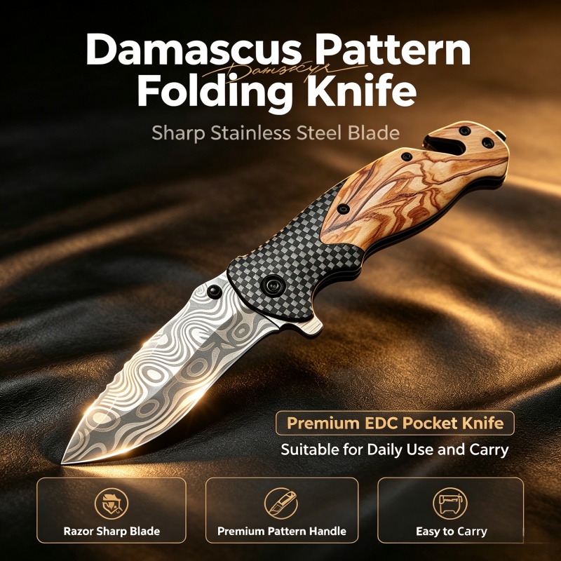 Edc Daily Carry - มีดพับลายดามัสกัส ใบมีดสแตนเลสคมกริบ คุณภาพพรีเมียม เหมาะสำหรับการใช้งานในชีวิตประจำวันและพกพา